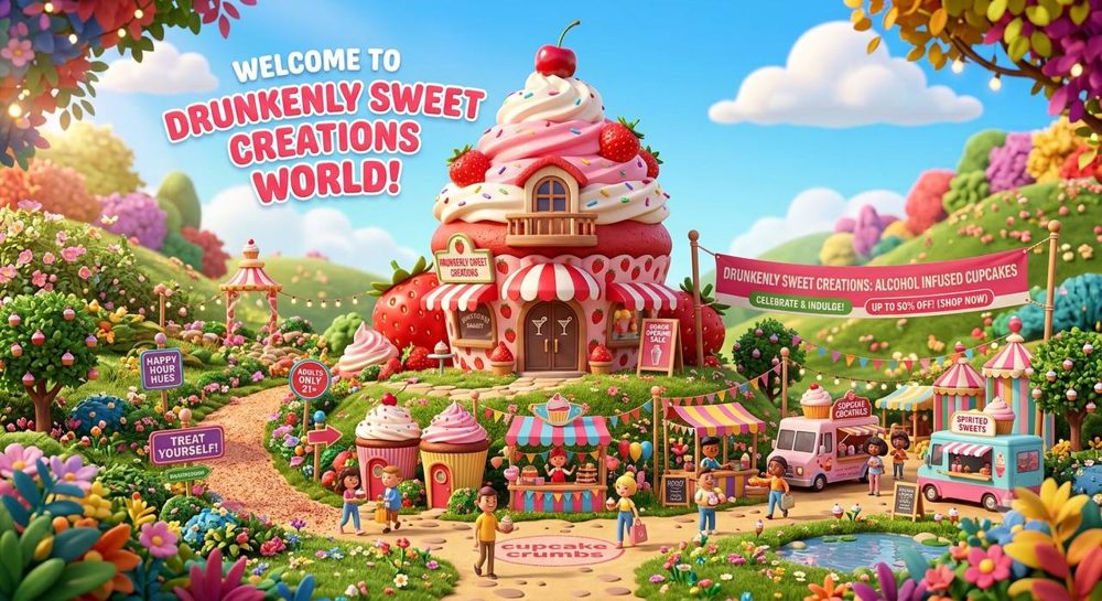 Drunkenly Sweet Creations World: a candy valley with a giant Cupcake House